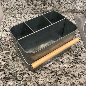 Farmhouse galvanized silverware and napkin holder.